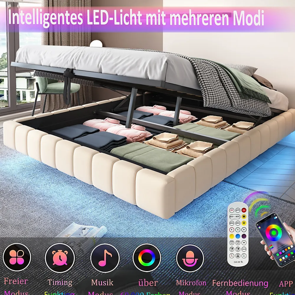 Okwish Lit Coffre Double 160x200 cm - avec Sommier à Ressorts et Rangement Intégré, LED Incluse, Sans Matelas, Tissu Lin Beige* Lit Coffre