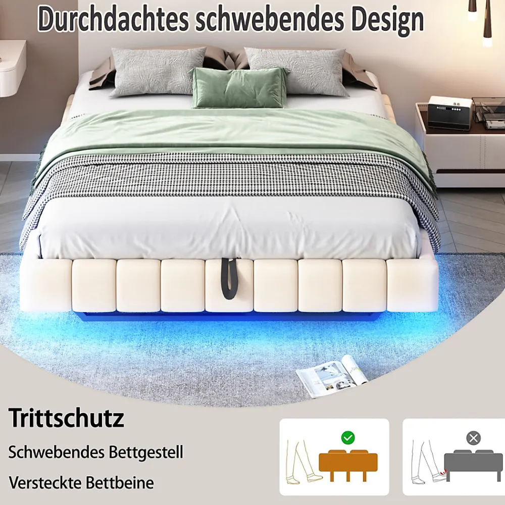 Okwish Lit Coffre Double 160x200 cm - avec Sommier à Ressorts et Rangement Intégré, LED Incluse, Sans Matelas, Tissu Lin Beige* Lit Coffre