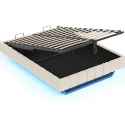 Okwish Lit Coffre Double 160x200 cm - avec Sommier à Ressorts et Rangement Intégré, LED Incluse, Sans Matelas, Tissu Lin Beige* Lit Coffre