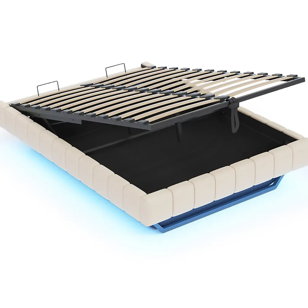 Okwish Lit Coffre Double 160x200 cm - avec Sommier à Ressorts et Rangement Intégré, LED Incluse, Sans Matelas, Tissu Lin Beige* Lit Coffre