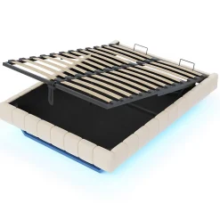 Okwish Lit Coffre Double 160x200 cm - avec Sommier à Ressorts et Rangement Intégré, LED Incluse, Sans Matelas, Tissu Lin Beige* Lit Coffre