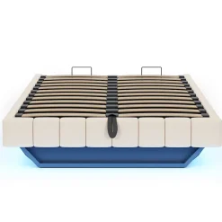 Okwish Lit Coffre Double 160x200 cm - avec Sommier à Ressorts et Rangement Intégré, LED Incluse, Sans Matelas, Tissu Lin Beige* Lit Coffre