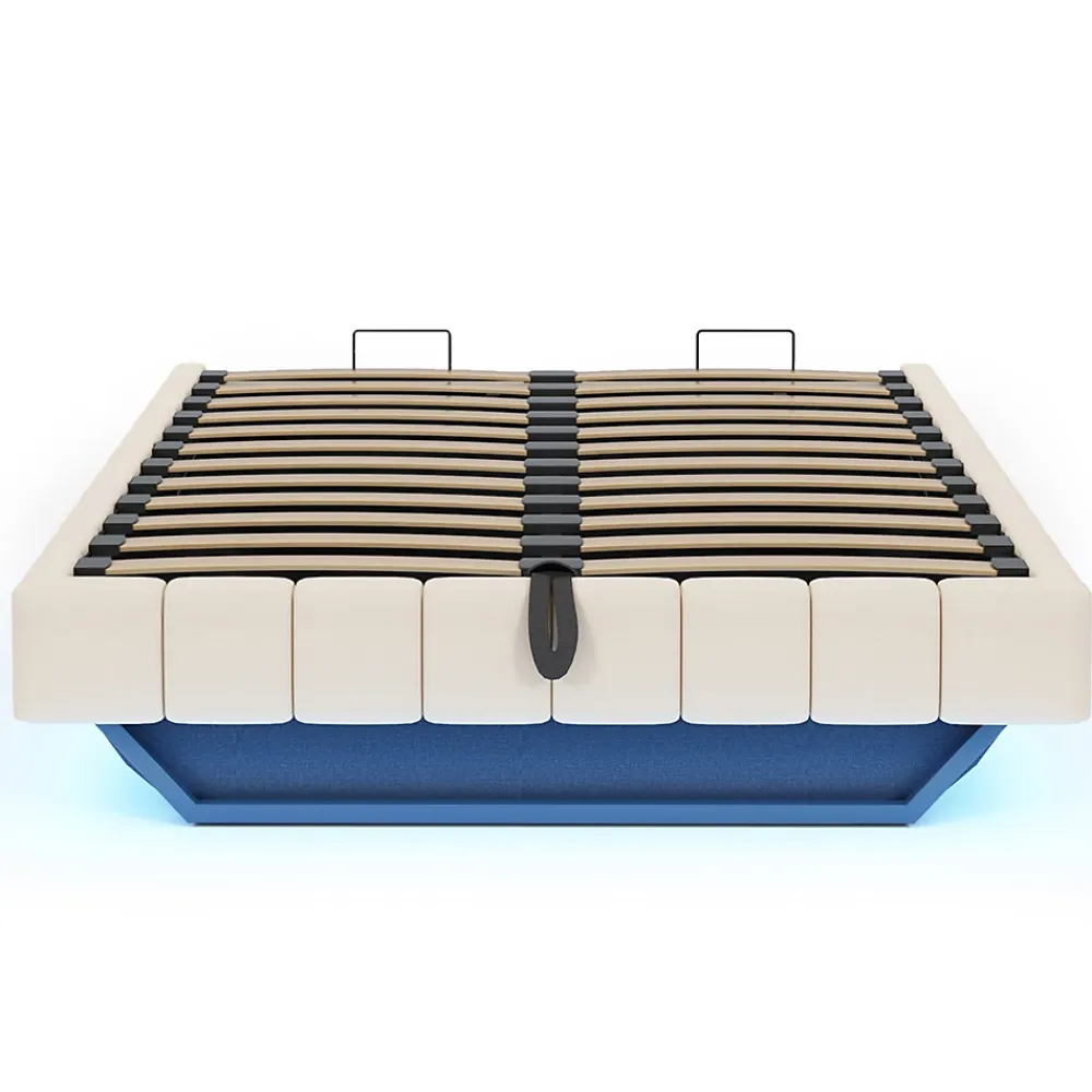 Okwish Lit Coffre Double 160x200 cm - avec Sommier à Ressorts et Rangement Intégré, LED Incluse, Sans Matelas, Tissu Lin Beige* Lit Coffre