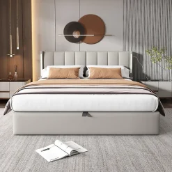 Lit Coffre Double 140x190 cm - Lit Capitonné avec LED et Rangement Hydraulique - Sans Matelas - Gris><noscript><img width=
