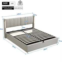 Lit Coffre Double 140x190 cm - Lit Capitonné avec LED et Rangement Hydraulique - Sans Matelas - Gris><noscript><img width=