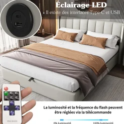 Lit Coffre Double 140x190 cm - Lit Capitonné avec LED et Rangement Hydraulique - Sans Matelas - Gris><noscript><img width=