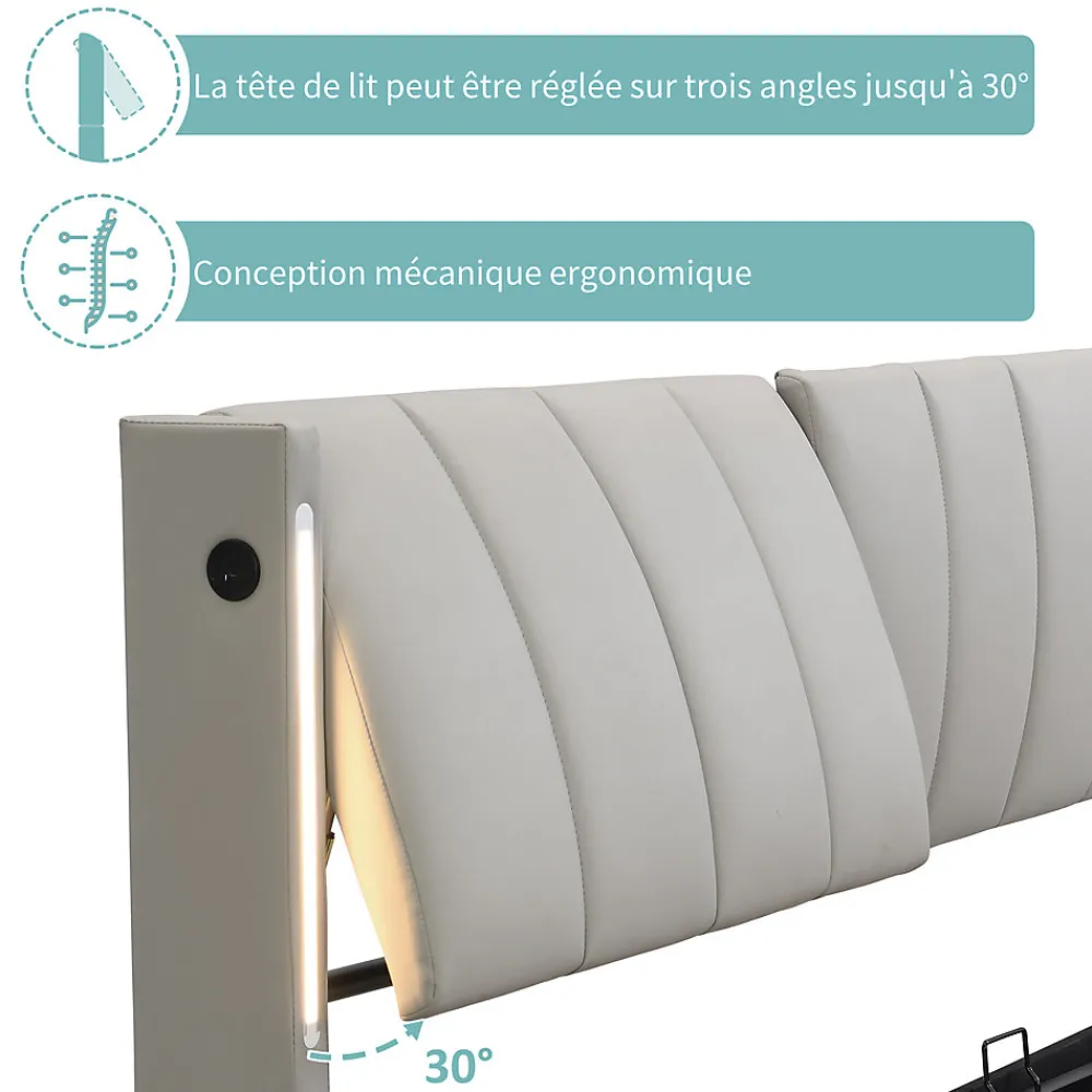 Lit Coffre Double 140x190 cm - Lit Capitonné avec LED et Rangement Hydraulique - Sans Matelas - Gris>Okwish Best
