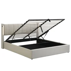 Lit Coffre Double 140x190 cm - Lit Capitonné avec LED et Rangement Hydraulique - Sans Matelas - Gris><noscript><img width=