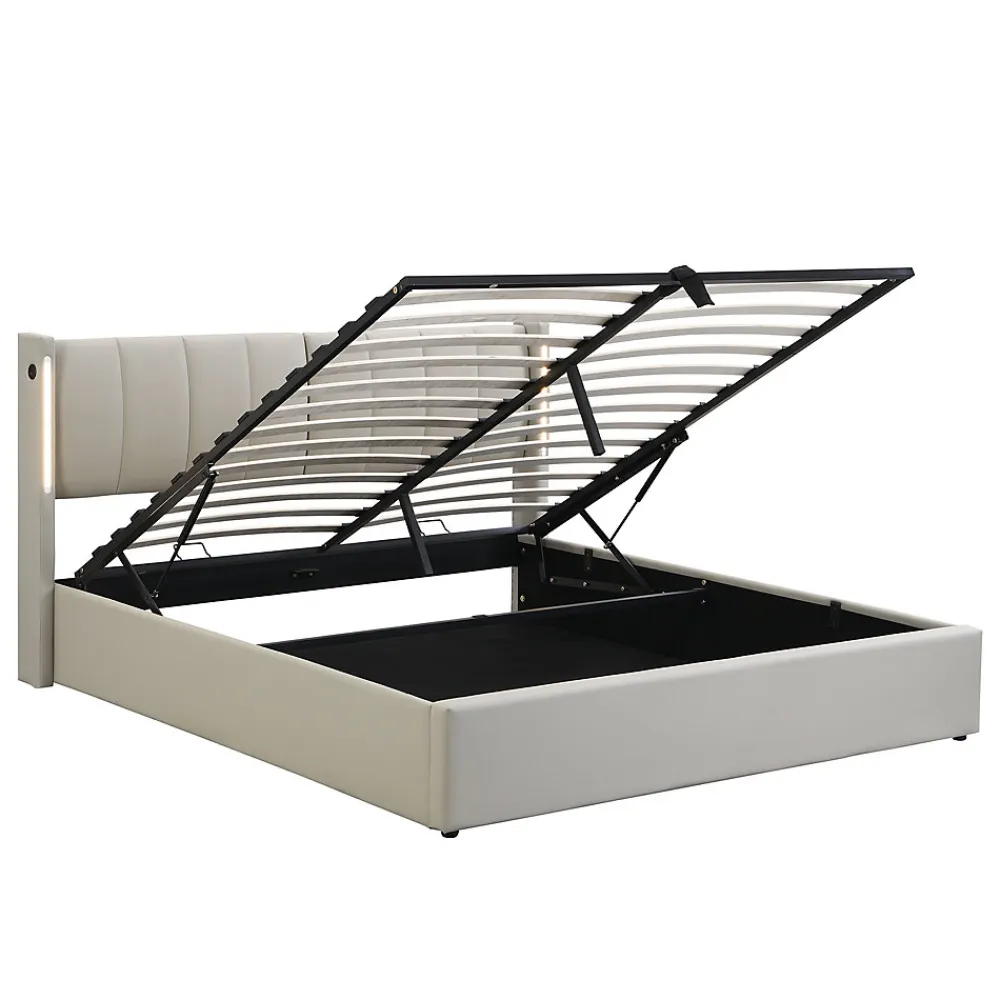 Lit Coffre Double 140x190 cm - Lit Capitonné avec LED et Rangement Hydraulique - Sans Matelas - Gris>Okwish Best