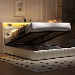 Lit Coffre Double 160x200 cm - Lit Adulte PU avec Éclairage LED et Port USB, Idéal pour la chambre - Blanc>Okwish Sale