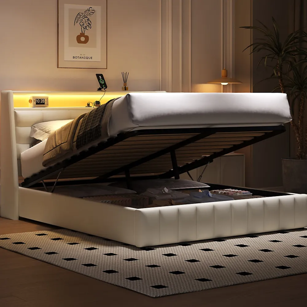 Lit Coffre Double 160x200 cm - Lit Adulte PU avec Éclairage LED et Port USB, Idéal pour la chambre - Blanc>Okwish Sale