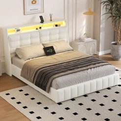 Lit Coffre Double 160x200 cm - Lit Adulte PU avec Éclairage LED et Port USB, Idéal pour la chambre - Blanc>Okwish Sale