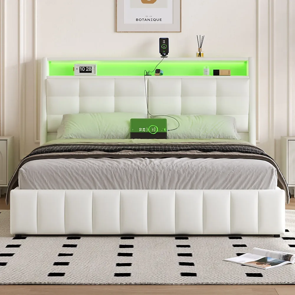 Lit Coffre Double 160x200 cm - Lit Adulte PU avec Éclairage LED et Port USB, Idéal pour la chambre - Blanc>Okwish Sale