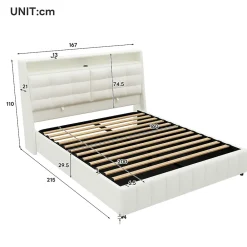 Lit Coffre Double 160x200 cm - Lit Adulte PU avec Éclairage LED et Port USB, Idéal pour la chambre - Blanc><noscript><img width=