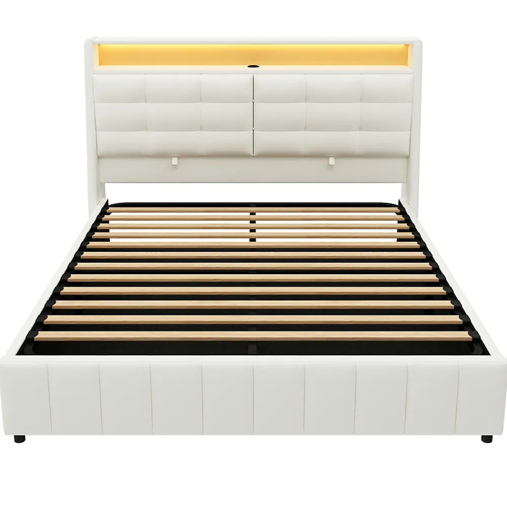 Lit Coffre Double 160x200 cm - Lit Adulte PU avec Éclairage LED et Port USB, Idéal pour la chambre - Blanc>Okwish Sale