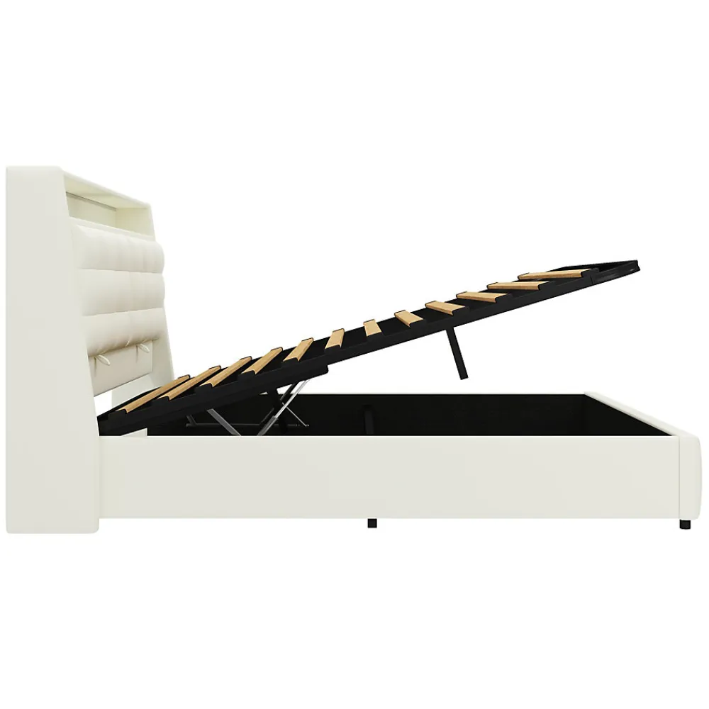 Lit Coffre Double 160x200 cm - Lit Adulte PU avec Éclairage LED et Port USB, Idéal pour la chambre - Blanc>Okwish Sale