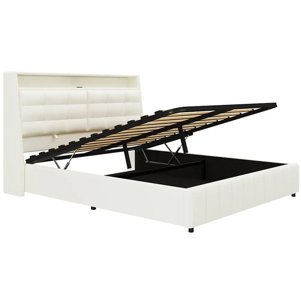 Lit Coffre Double 160x200 cm - Lit Adulte PU avec Éclairage LED et Port USB, Idéal pour la chambre - Blanc>Okwish Sale