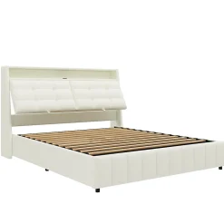 Lit Coffre Double 160x200 cm - Lit Adulte PU avec Éclairage LED et Port USB, Idéal pour la chambre - Blanc><noscript><img width=