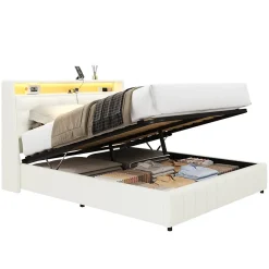 Lit Coffre Double 160x200 cm - Lit Adulte PU avec Éclairage LED et Port USB, Idéal pour la chambre - Blanc><noscript><img width=