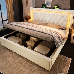 Lit Coffre Double 160x200 cm - LED Diamant et USB Type-C, Rangement Hydraulique, Sommier à Lattes, Velours Beige - Sans Matelas>Okwish Best