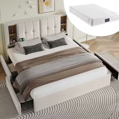 Lit Coffre Double 160x200 cm - Lit Adulte Capitonné avec 4 Tiroirs, Charge Sans Fil, USB, Type-C - Lin Beige - Matelas Inclus>Okwish Sale