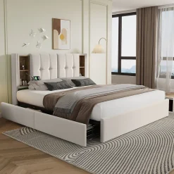 Lit Coffre Double 160x200 cm - Lit Adulte Capitonné avec 4 Tiroirs, Charge Sans Fil, USB, Type-C - Lin Beige - Matelas Inclus>Okwish Sale