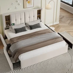 Lit Coffre Double 160x200 cm - Lit Adulte Capitonné avec 4 Tiroirs, Charge Sans Fil, USB, Type-C - Lin Beige - Matelas Inclus><noscript><img width=