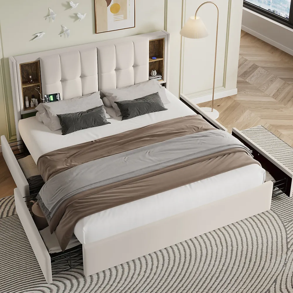 Lit Coffre Double 160x200 cm - Lit Adulte Capitonné avec 4 Tiroirs, Charge Sans Fil, USB, Type-C - Lin Beige - Matelas Inclus>Okwish Sale