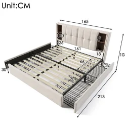 Lit Coffre Double 160x200 cm - Lit Adulte Capitonné avec 4 Tiroirs, Charge Sans Fil, USB, Type-C - Lin Beige - Matelas Inclus><noscript><img width=