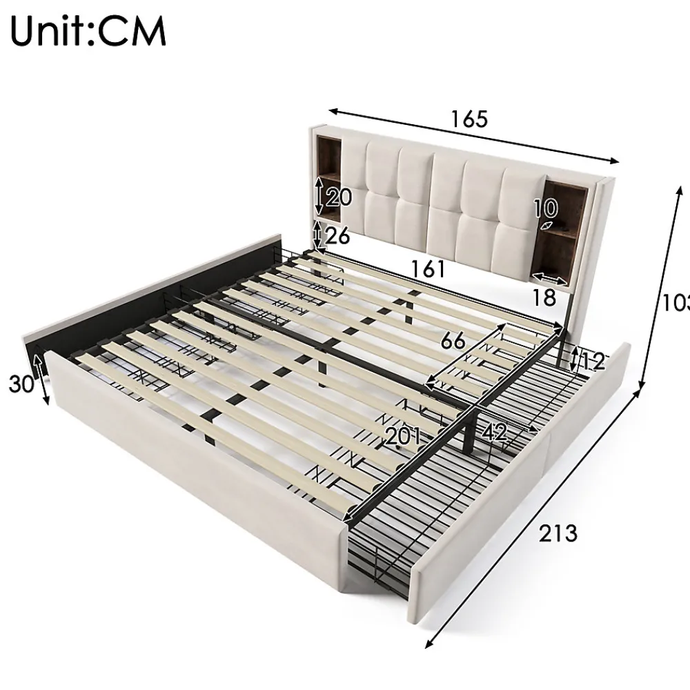 Lit Coffre Double 160x200 cm - Lit Adulte Capitonné avec 4 Tiroirs, Charge Sans Fil, USB, Type-C - Lin Beige - Matelas Inclus>Okwish Sale