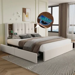 Lit Coffre Double 160x200 cm - Lit Adulte Capitonné avec 4 Tiroirs, Charge Sans Fil, USB, Type-C - Lin Beige - Matelas Inclus><noscript><img width=