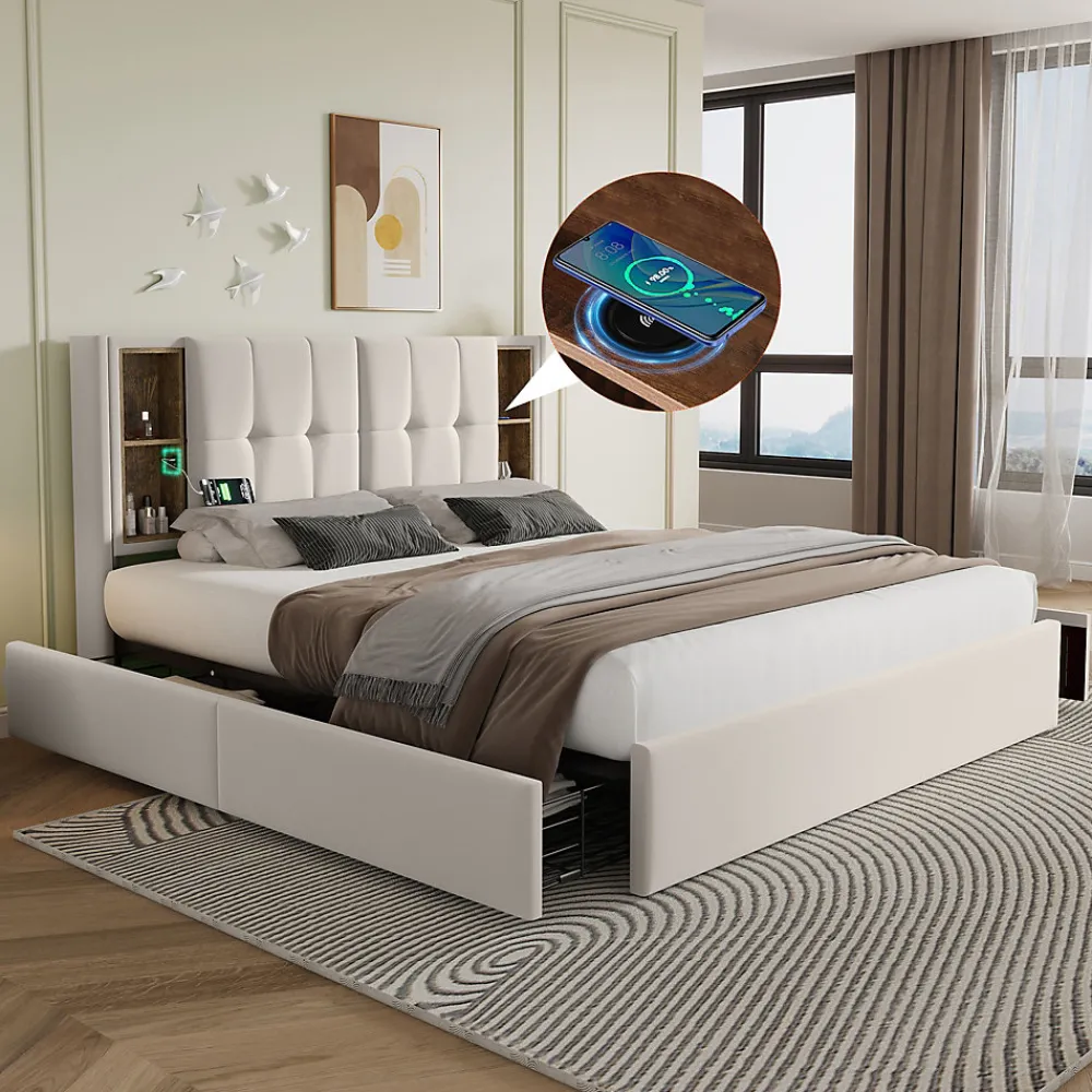 Lit Coffre Double 160x200 cm - Lit Adulte Capitonné avec 4 Tiroirs, Charge Sans Fil, USB, Type-C - Lin Beige - Matelas Inclus>Okwish Sale