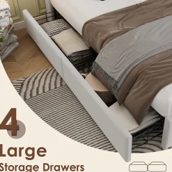 Lit Coffre Double 160x200 cm - Lit Adulte Capitonné avec 4 Tiroirs, Charge Sans Fil, USB, Type-C - Lin Beige - Matelas Inclus><noscript><img width=