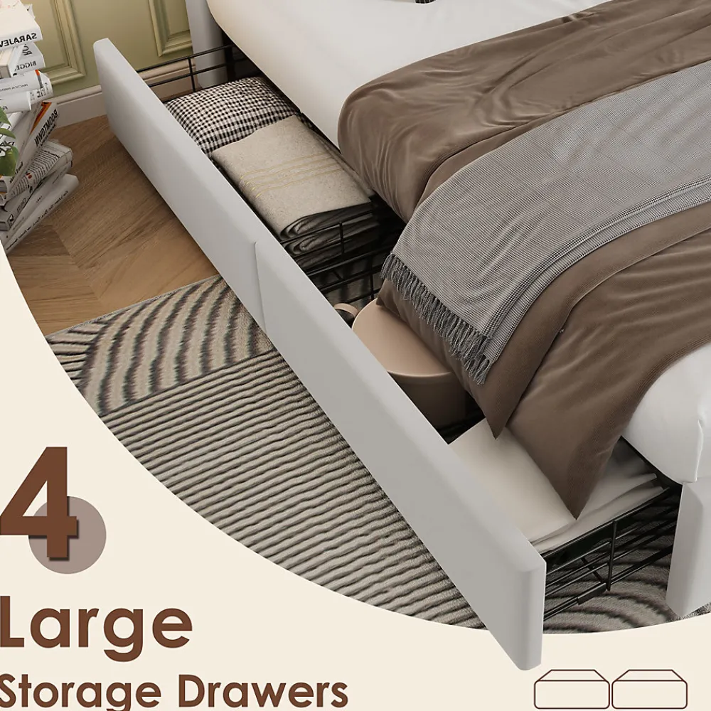 Lit Coffre Double 160x200 cm - Lit Adulte Capitonné avec 4 Tiroirs, Charge Sans Fil, USB, Type-C - Lin Beige - Matelas Inclus>Okwish Sale