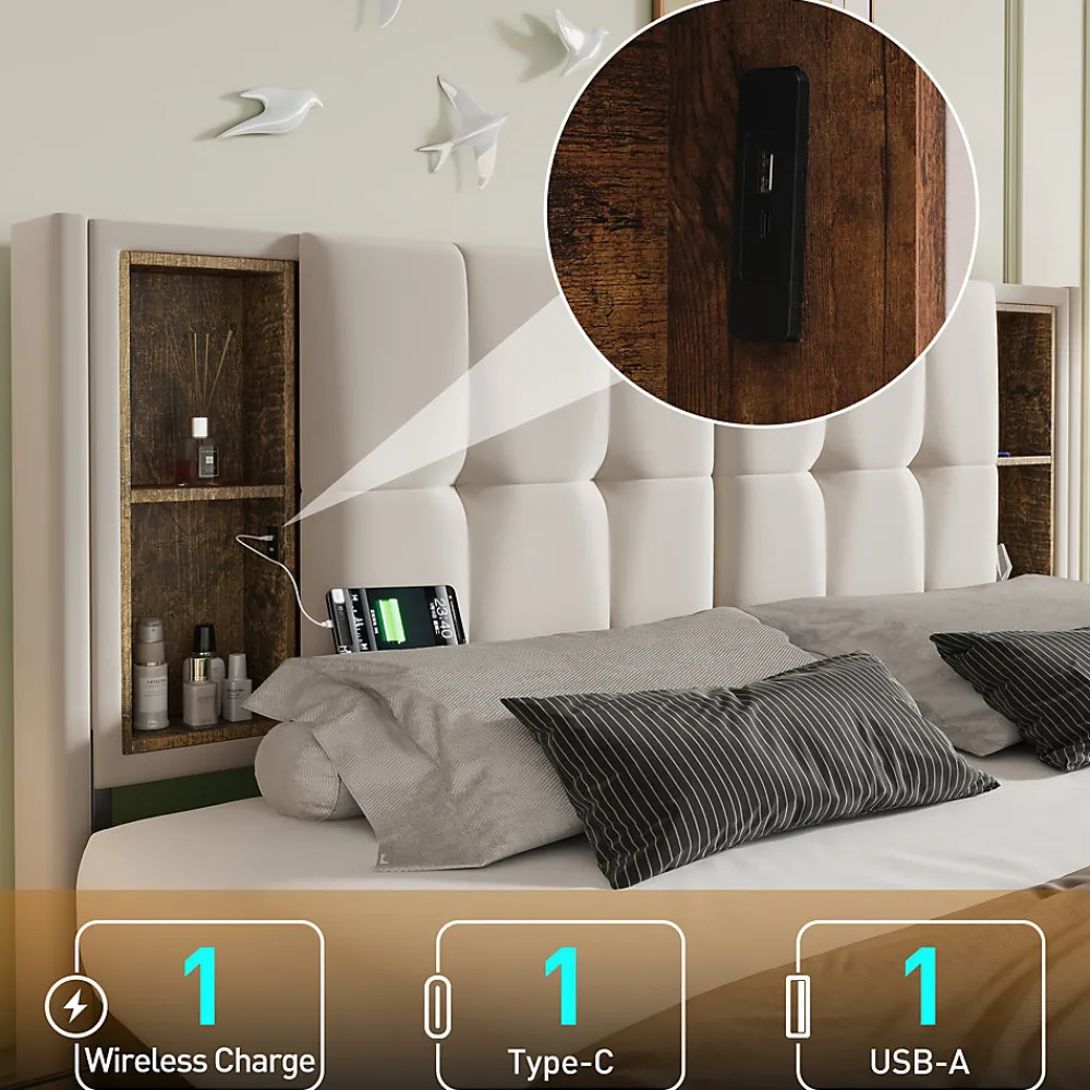 Lit Coffre Double 160x200 cm - Lit Adulte Capitonné avec 4 Tiroirs, Charge Sans Fil, USB, Type-C - Lin Beige - Matelas Inclus>Okwish Sale