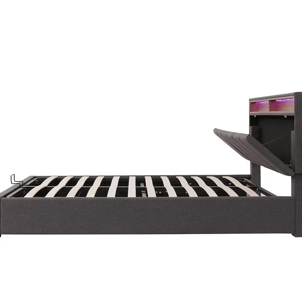 Okwish Lit Coffre Double 140x190 cm - Lit Hydraulique avec Rangement et Éclairage LED - Tissu Lin - Sans Matelas - Gris* Lit Coffre