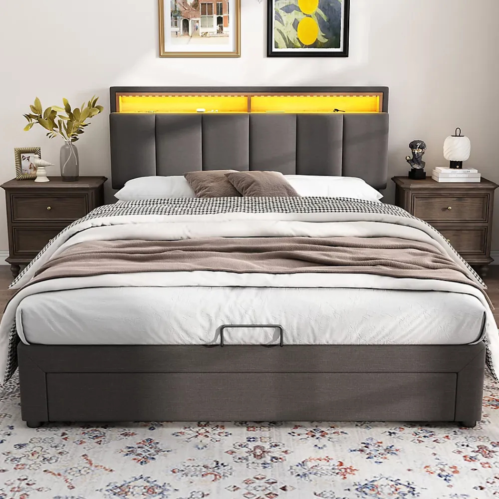 Okwish Lit Coffre Double 140x190 cm - Lit Hydraulique avec Rangement et Éclairage LED - Tissu Lin - Sans Matelas - Gris* Lit Coffre