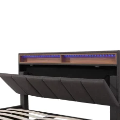 Okwish Lit Coffre Double 140x190 cm - Lit Hydraulique avec Rangement et Éclairage LED - Tissu Lin - Sans Matelas - Gris* Lit Coffre