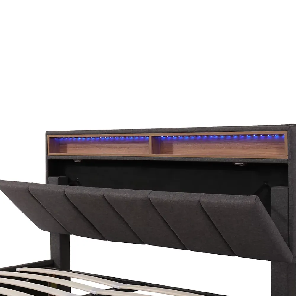 Okwish Lit Coffre Double 140x190 cm - Lit Hydraulique avec Rangement et Éclairage LED - Tissu Lin - Sans Matelas - Gris* Lit Coffre