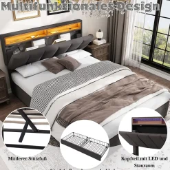 Okwish Lit Coffre Double 140x190 cm - Lit Hydraulique avec Rangement et Éclairage LED - Tissu Lin - Sans Matelas - Gris* Lit Coffre