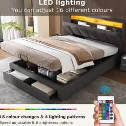 Okwish Lit Coffre Double 140x190 cm - Lit Hydraulique avec Rangement et Éclairage LED - Tissu Lin - Sans Matelas - Gris* Lit Coffre