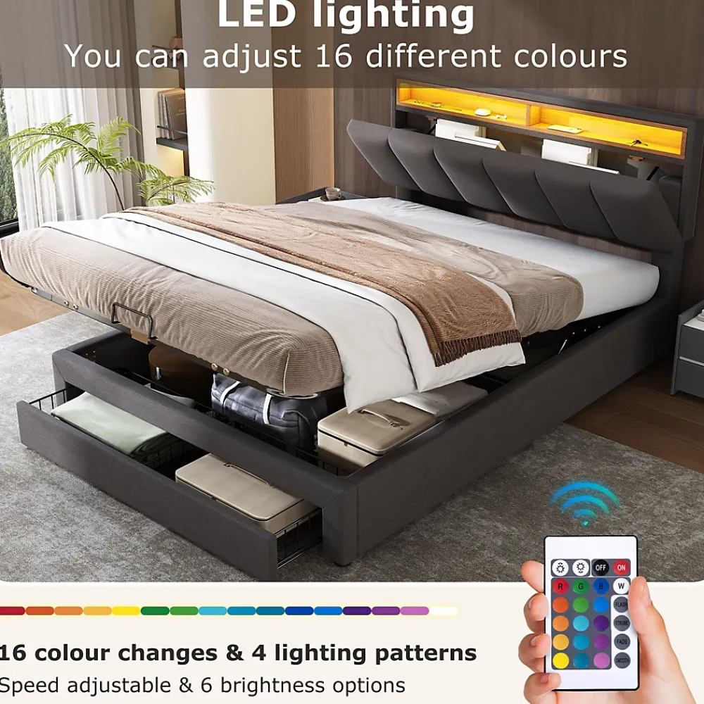 Okwish Lit Coffre Double 140x190 cm - Lit Hydraulique avec Rangement et Éclairage LED - Tissu Lin - Sans Matelas - Gris* Lit Coffre