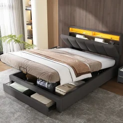 Okwish Lit Coffre Double 140x190 cm - Lit Hydraulique avec Rangement et Éclairage LED - Tissu Lin - Sans Matelas - Gris* Lit Coffre