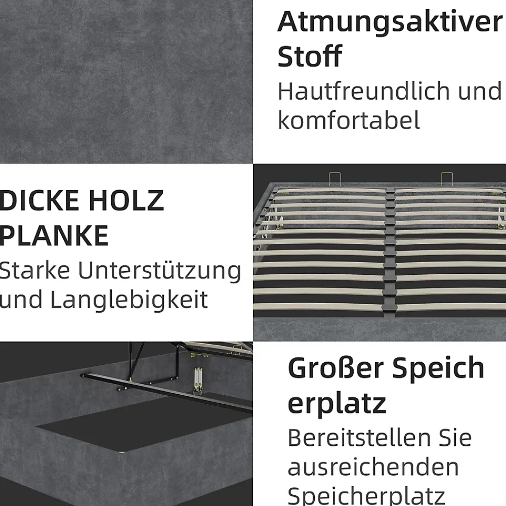 Okwish Lit Coffre Double 160x200 cm - Moderne en Velours Hollandais avec Vérin Hydraulique, Sans Tête de Lit - Gris - Sans Matelas* Lit Coffre