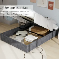 Okwish Lit Coffre Double 160x200 cm - Moderne en Velours Hollandais avec Vérin Hydraulique, Sans Tête de Lit - Gris - Sans Matelas* Lit Coffre