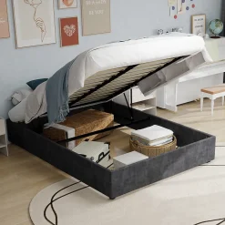 Okwish Lit Coffre Double 160x200 cm - Moderne en Velours Hollandais avec Vérin Hydraulique, Sans Tête de Lit - Gris - Sans Matelas* Lit Coffre