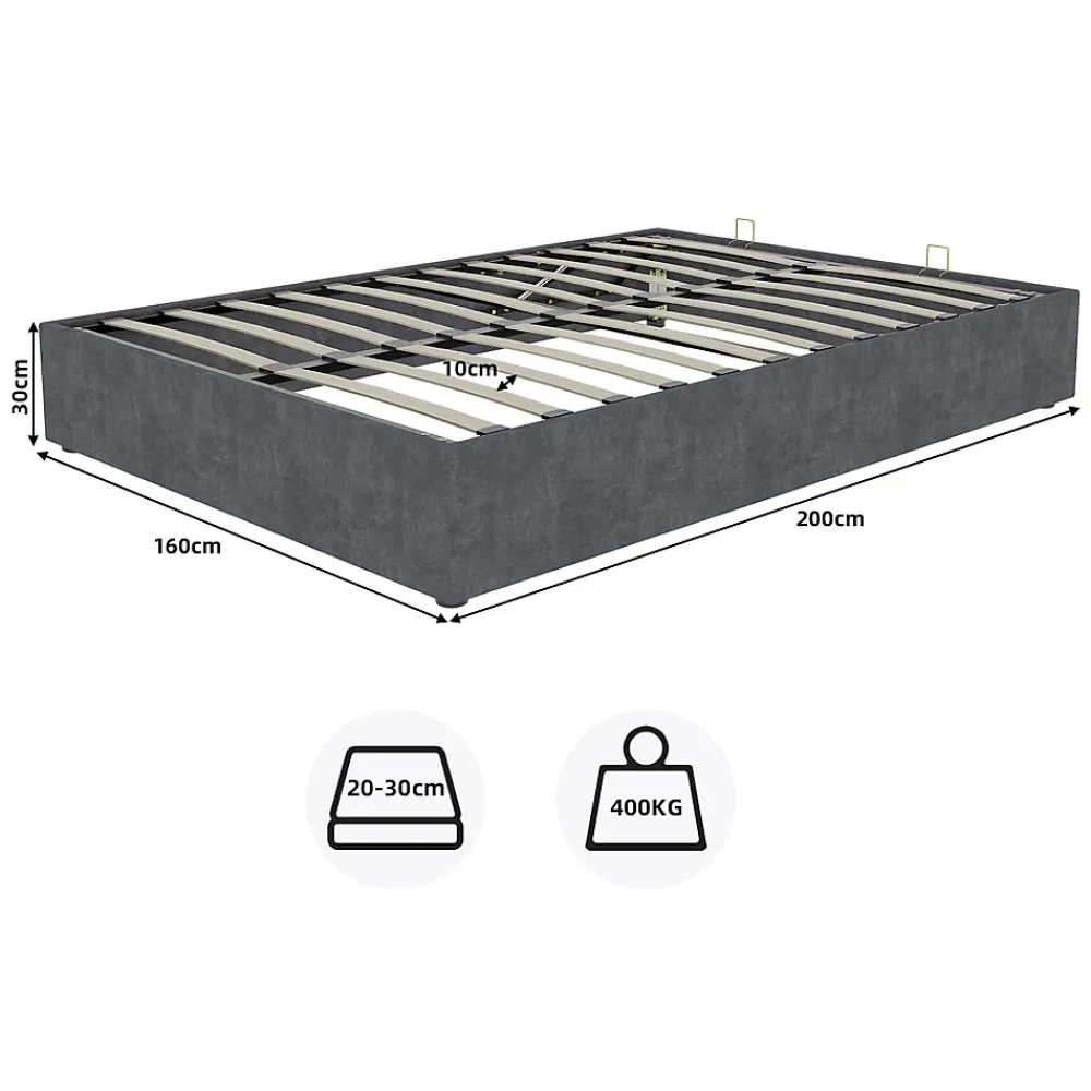 Okwish Lit Coffre Double 160x200 cm - Moderne en Velours Hollandais avec Vérin Hydraulique, Sans Tête de Lit - Gris - Sans Matelas* Lit Coffre
