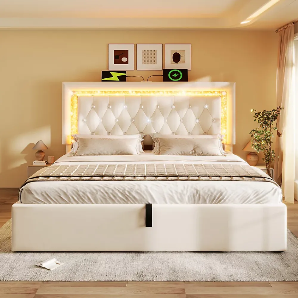 Okwish Lit Coffre Double 140x200 cm - Tête de Lit LED et USB Type-C, Sommier à Lattes, Rangement Hydraulique, Velours Beige, Sans Matelas* Lit Coffre