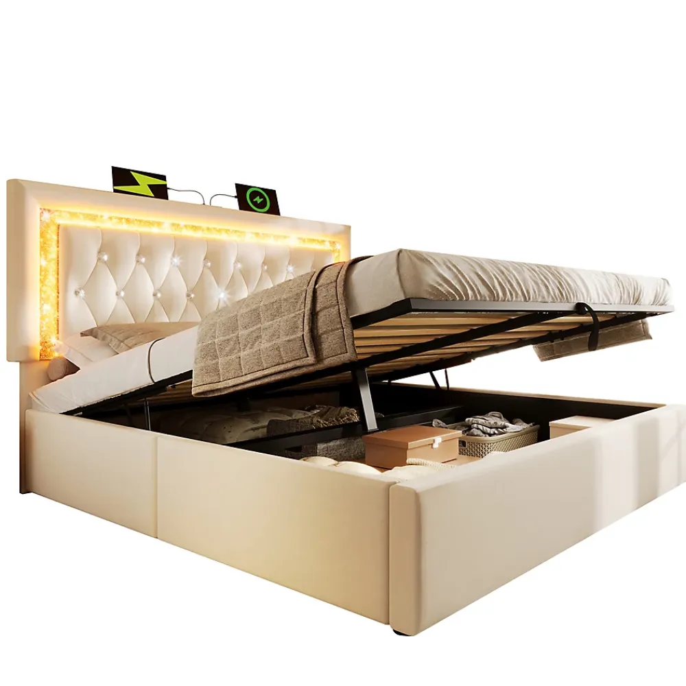 Okwish Lit Coffre Double 140x200 cm - Tête de Lit LED et USB Type-C, Sommier à Lattes, Rangement Hydraulique, Velours Beige, Sans Matelas* Lit Coffre