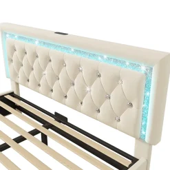 Okwish Lit Coffre Double 140x200 cm - Tête de Lit LED et USB Type-C, Sommier à Lattes, Rangement Hydraulique, Velours Beige, Sans Matelas* Lit Coffre